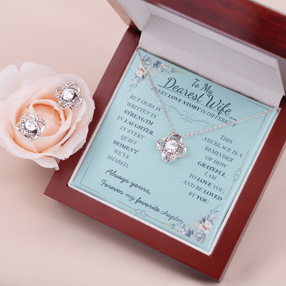 To My Dearest Wife – Love Knot Necklace & Earring Gift Set – Romantic Jewelry in White Gold Finish