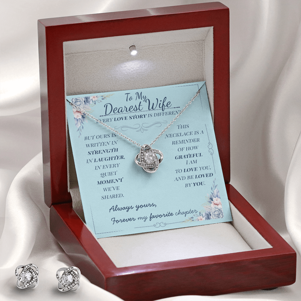 To My Dearest Wife – Love Knot Necklace & Earring Gift Set – Romantic Jewelry in White Gold Finish
