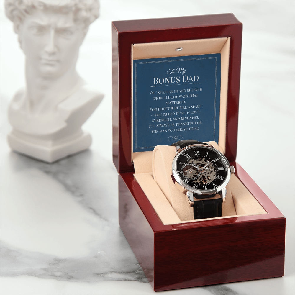 Openwork Watch Gift for Bonus Dad – Elegant Skeleton-Style Timepiece with Heartfelt Message Card | Appreciation, Birthday, or Father Figure Gift