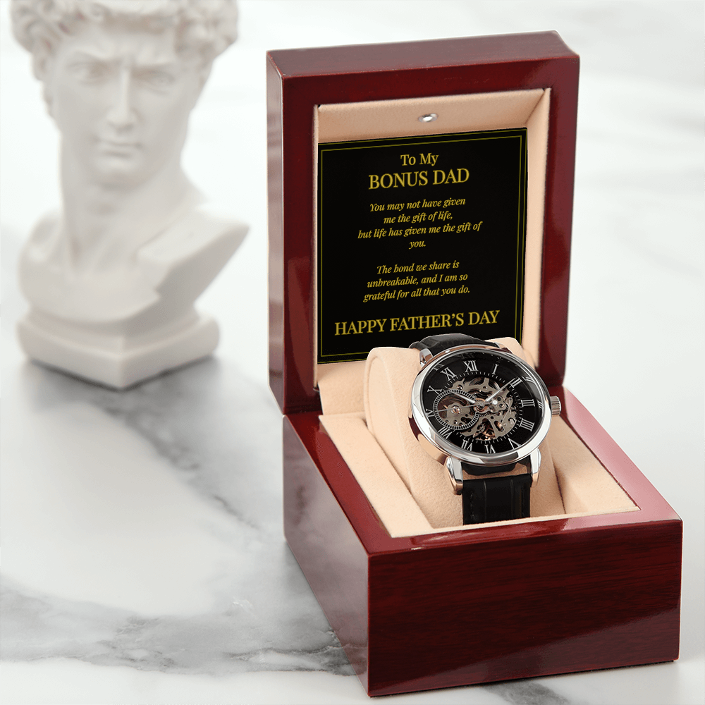To My Bonus Dad – Openwork Watch with Message Card | Meaningful Father's Day Gift from Stepson or Daughter