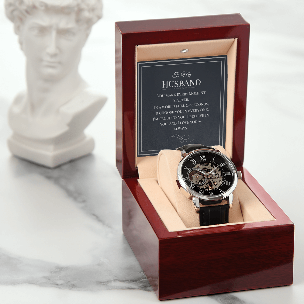 Openwork Watch Gift for Husband – Elegant Skeleton-Style Timepiece with Heartfelt Message Card | Anniversary, Birthday, or Just Because