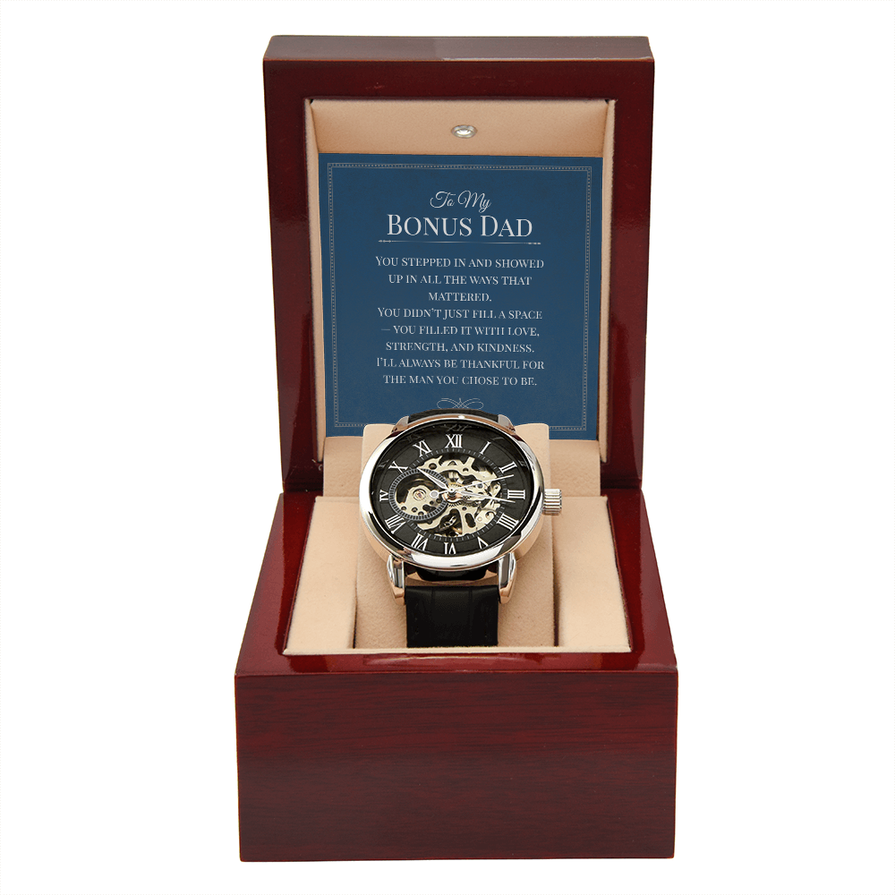 Openwork Watch Gift for Bonus Dad – Elegant Skeleton-Style Timepiece with Heartfelt Message Card | Appreciation, Birthday, or Father Figure Gift