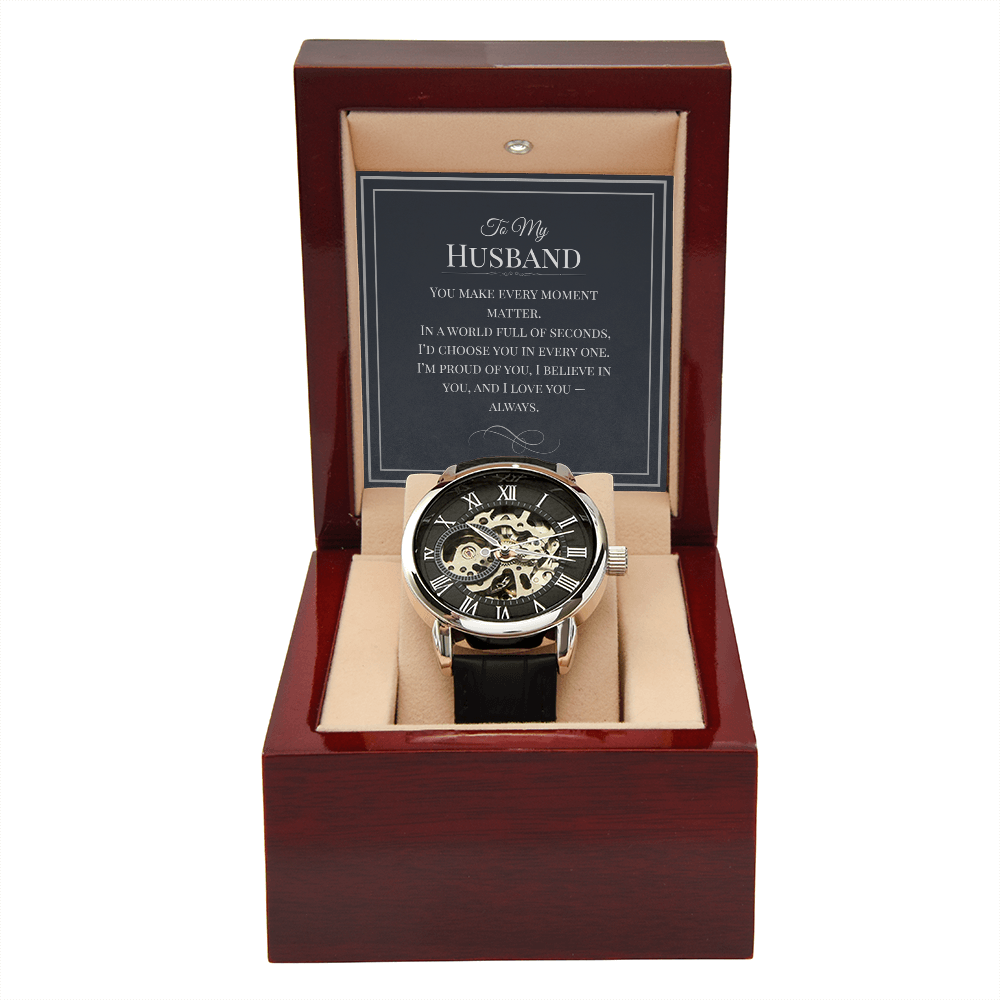 Openwork Watch Gift for Husband – Elegant Skeleton-Style Timepiece with Heartfelt Message Card | Anniversary, Birthday, or Just Because