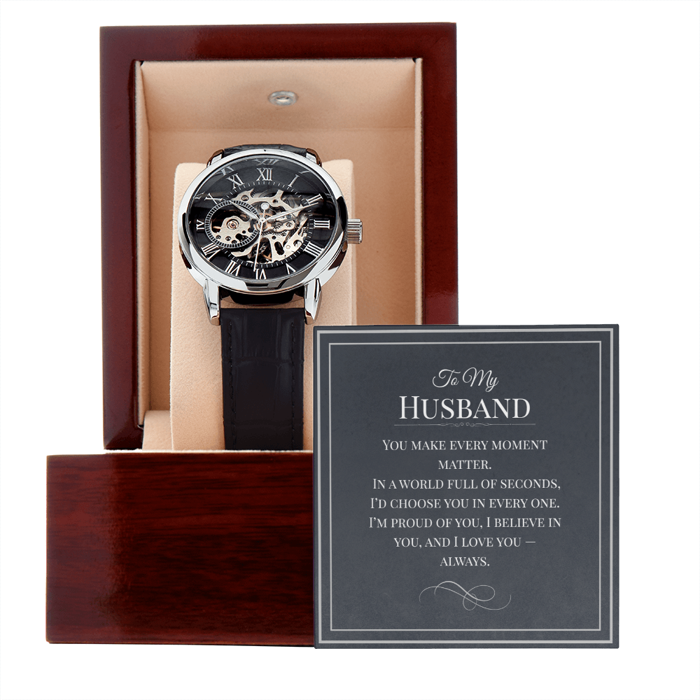 Openwork Watch Gift for Husband – Elegant Skeleton-Style Timepiece with Heartfelt Message Card | Anniversary, Birthday, or Just Because
