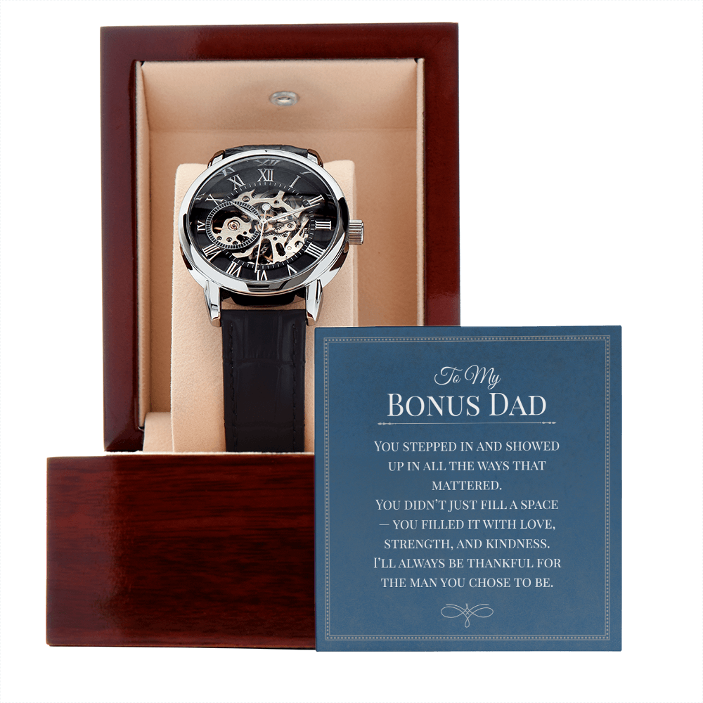 Openwork Watch Gift for Bonus Dad – Elegant Skeleton-Style Timepiece with Heartfelt Message Card | Appreciation, Birthday, or Father Figure Gift