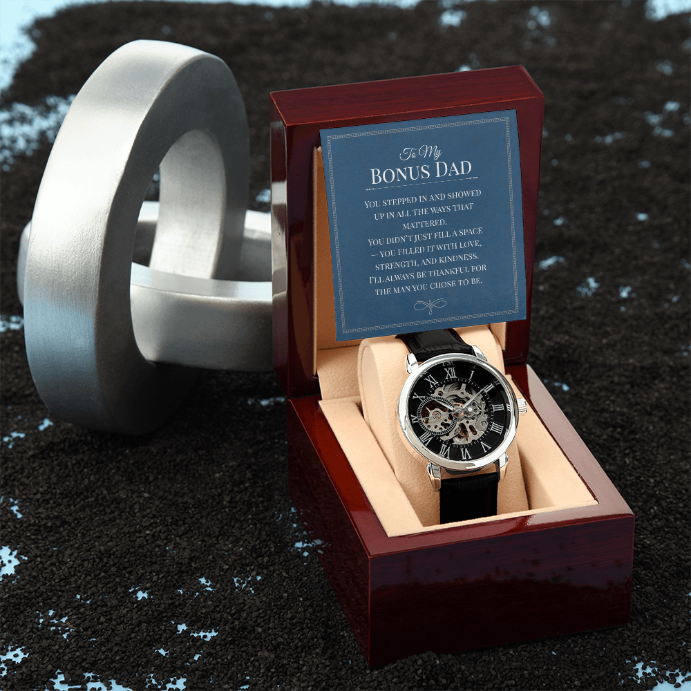 Openwork Watch Gift for Bonus Dad – Elegant Skeleton-Style Timepiece with Heartfelt Message Card | Appreciation, Birthday, or Father Figure Gift