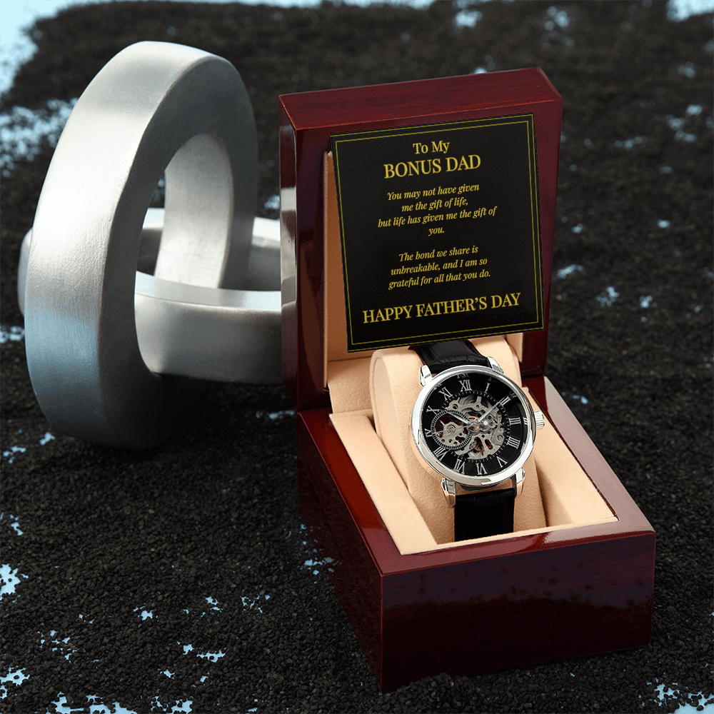 To My Bonus Dad – Openwork Watch with Message Card | Meaningful Father's Day Gift from Stepson or Daughter