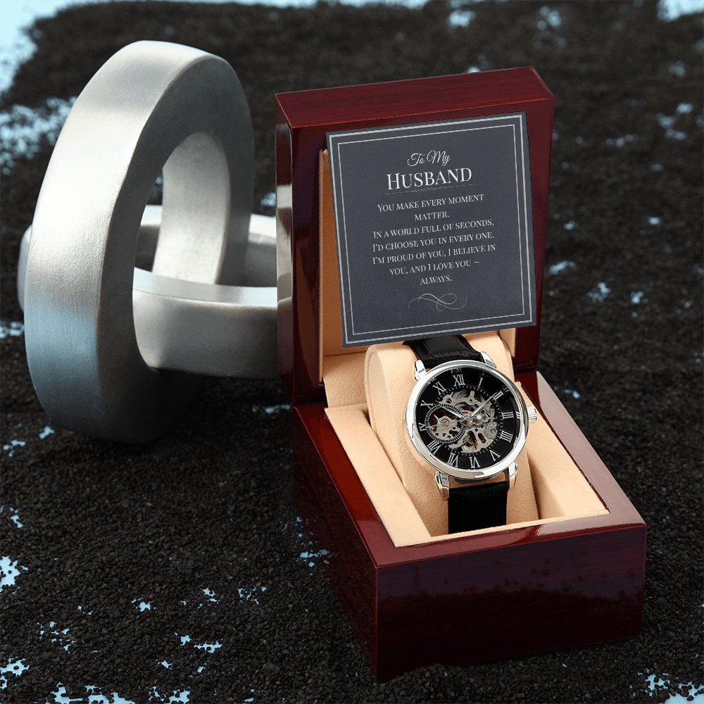Openwork Watch Gift for Husband – Elegant Skeleton-Style Timepiece with Heartfelt Message Card | Anniversary, Birthday, or Just Because