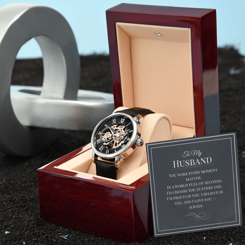 Openwork Watch Gift for Husband – Elegant Skeleton-Style Timepiece with Heartfelt Message Card | Anniversary, Birthday, or Just Because