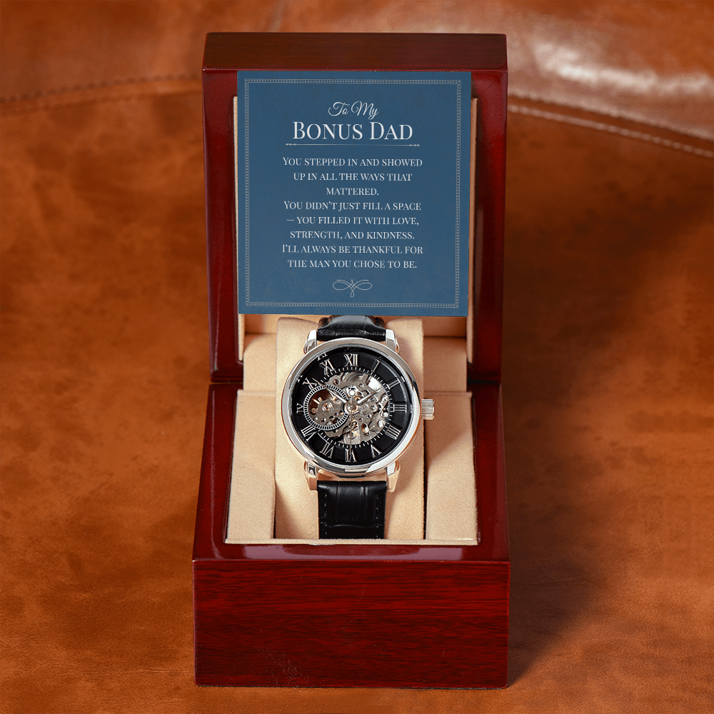 Openwork Watch Gift for Bonus Dad – Elegant Skeleton-Style Timepiece with Heartfelt Message Card | Appreciation, Birthday, or Father Figure Gift
