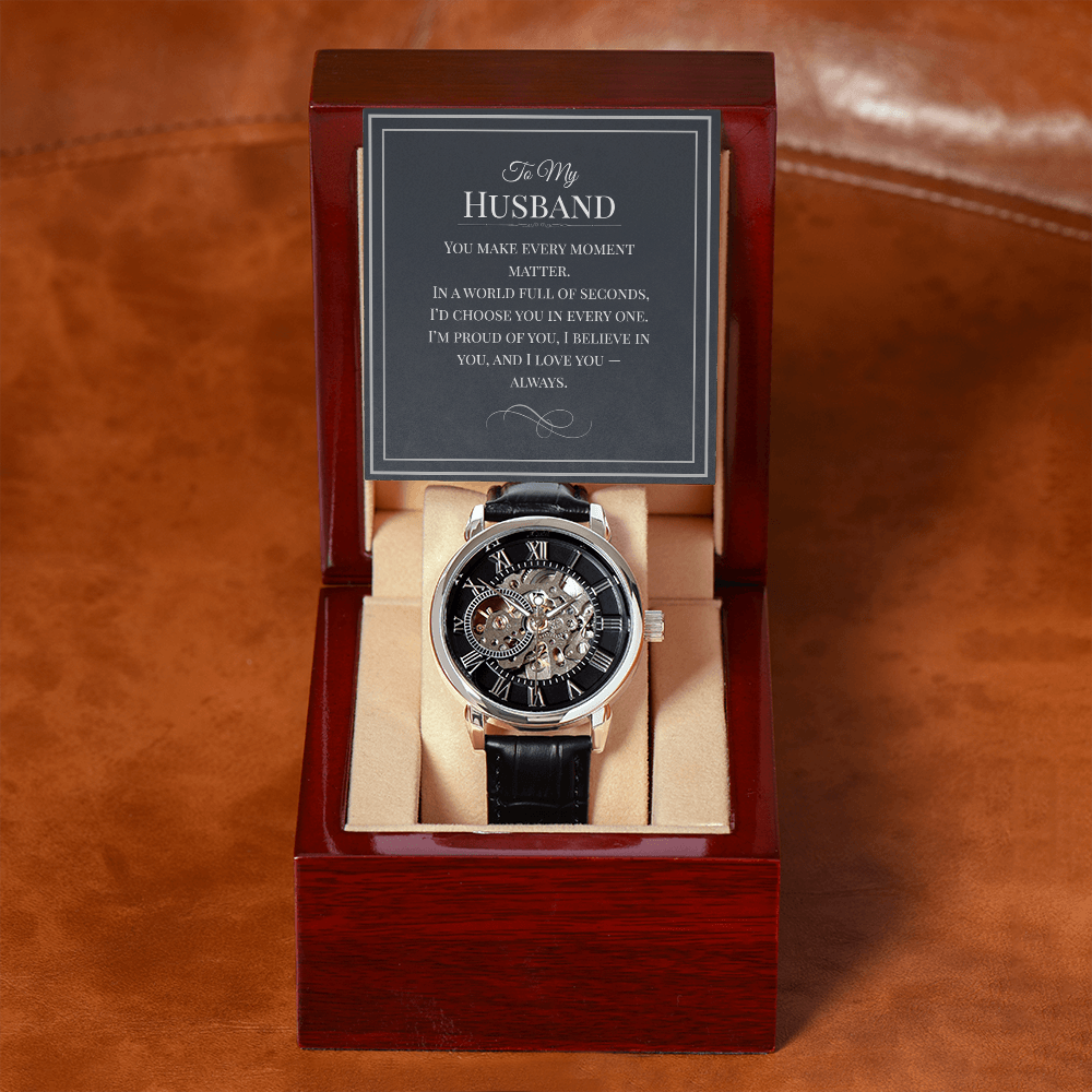 Openwork Watch Gift for Husband – Elegant Skeleton-Style Timepiece with Heartfelt Message Card | Anniversary, Birthday, or Just Because