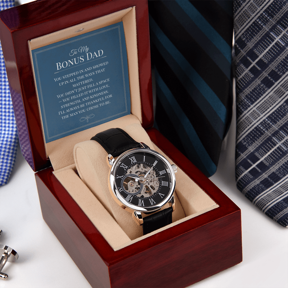 Openwork Watch Gift for Bonus Dad – Elegant Skeleton-Style Timepiece with Heartfelt Message Card | Appreciation, Birthday, or Father Figure Gift