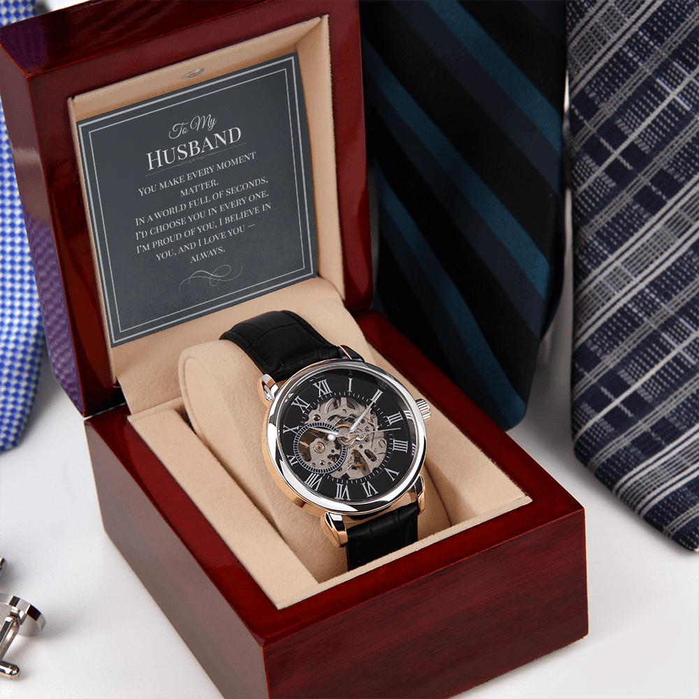 Openwork Watch Gift for Husband – Elegant Skeleton-Style Timepiece with Heartfelt Message Card | Anniversary, Birthday, or Just Because