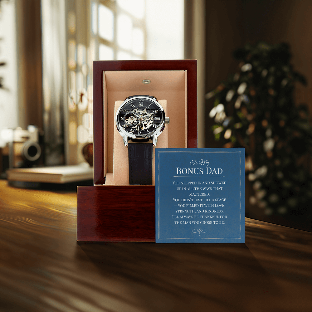 Openwork Watch Gift for Bonus Dad – Elegant Skeleton-Style Timepiece with Heartfelt Message Card | Appreciation, Birthday, or Father Figure Gift