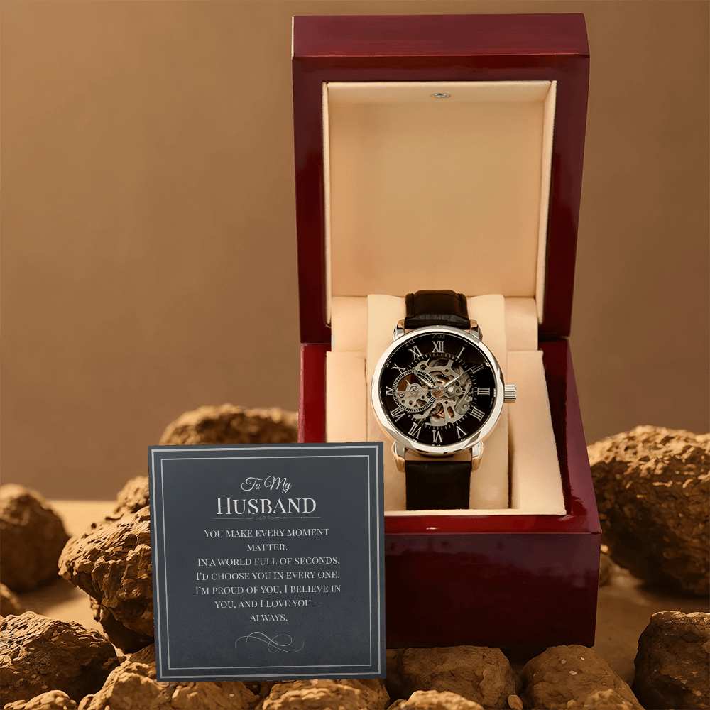 Openwork Watch Gift for Husband – Elegant Skeleton-Style Timepiece with Heartfelt Message Card | Anniversary, Birthday, or Just Because