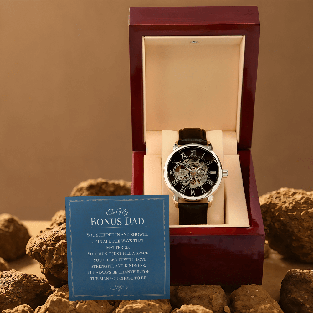 Openwork Watch Gift for Bonus Dad – Elegant Skeleton-Style Timepiece with Heartfelt Message Card | Appreciation, Birthday, or Father Figure Gift