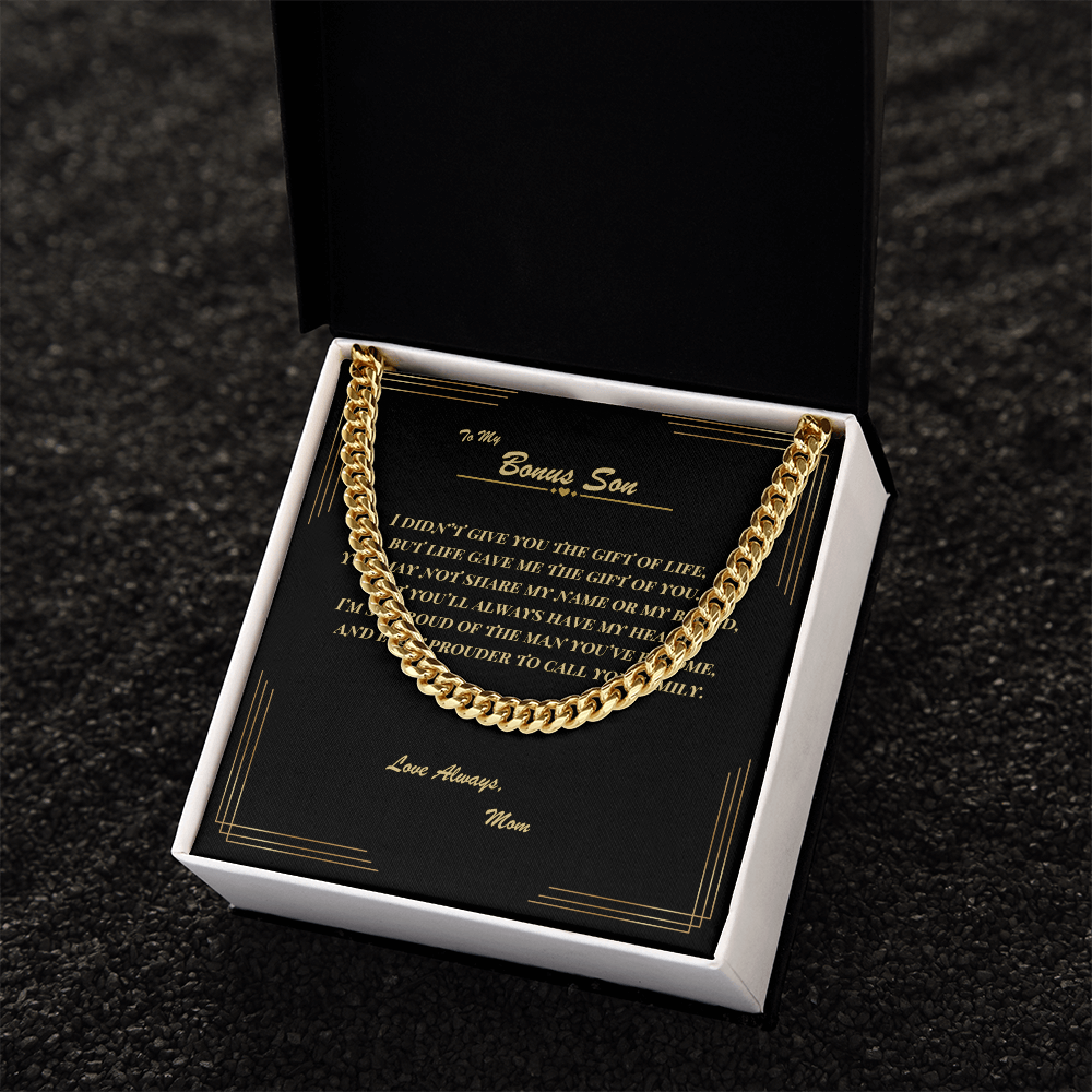 To My Bonus Son – Cuban Link Chain Necklace with Heartfelt Message Card | Gift from Mom