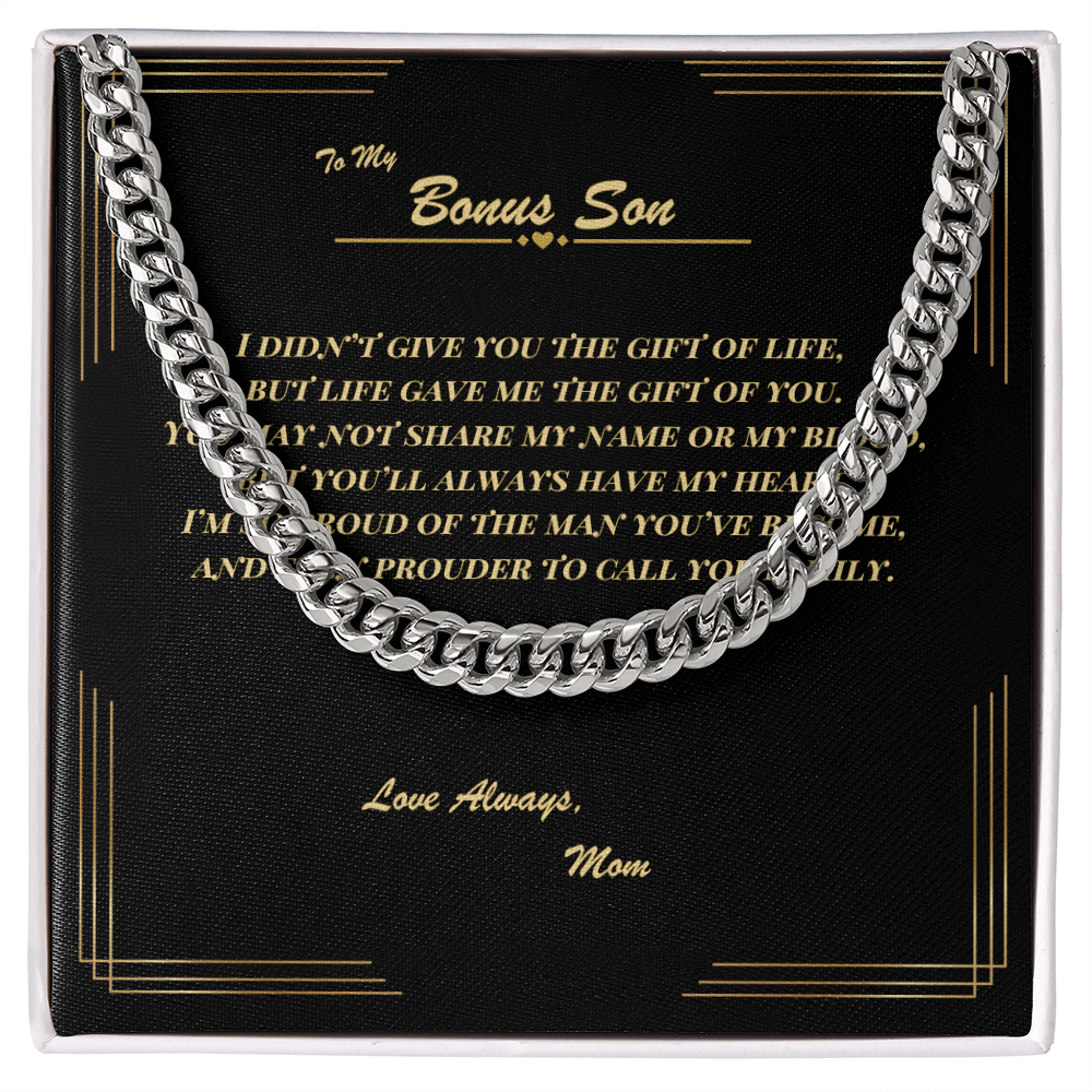 To My Bonus Son – Cuban Link Chain Necklace with Heartfelt Message Card | Gift from Mom