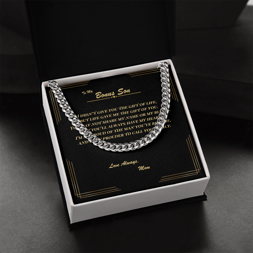 To My Bonus Son – Cuban Link Chain Necklace with Heartfelt Message Card | Gift from Mom