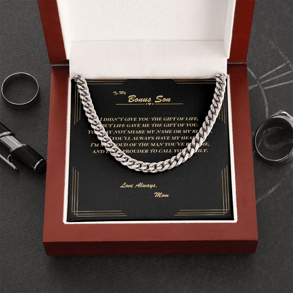 To My Bonus Son – Cuban Link Chain Necklace with Heartfelt Message Card | Gift from Mom