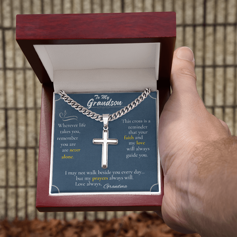 To My Grandson – Christian Cross Necklace with Message from Grandma | Personalized Back Option