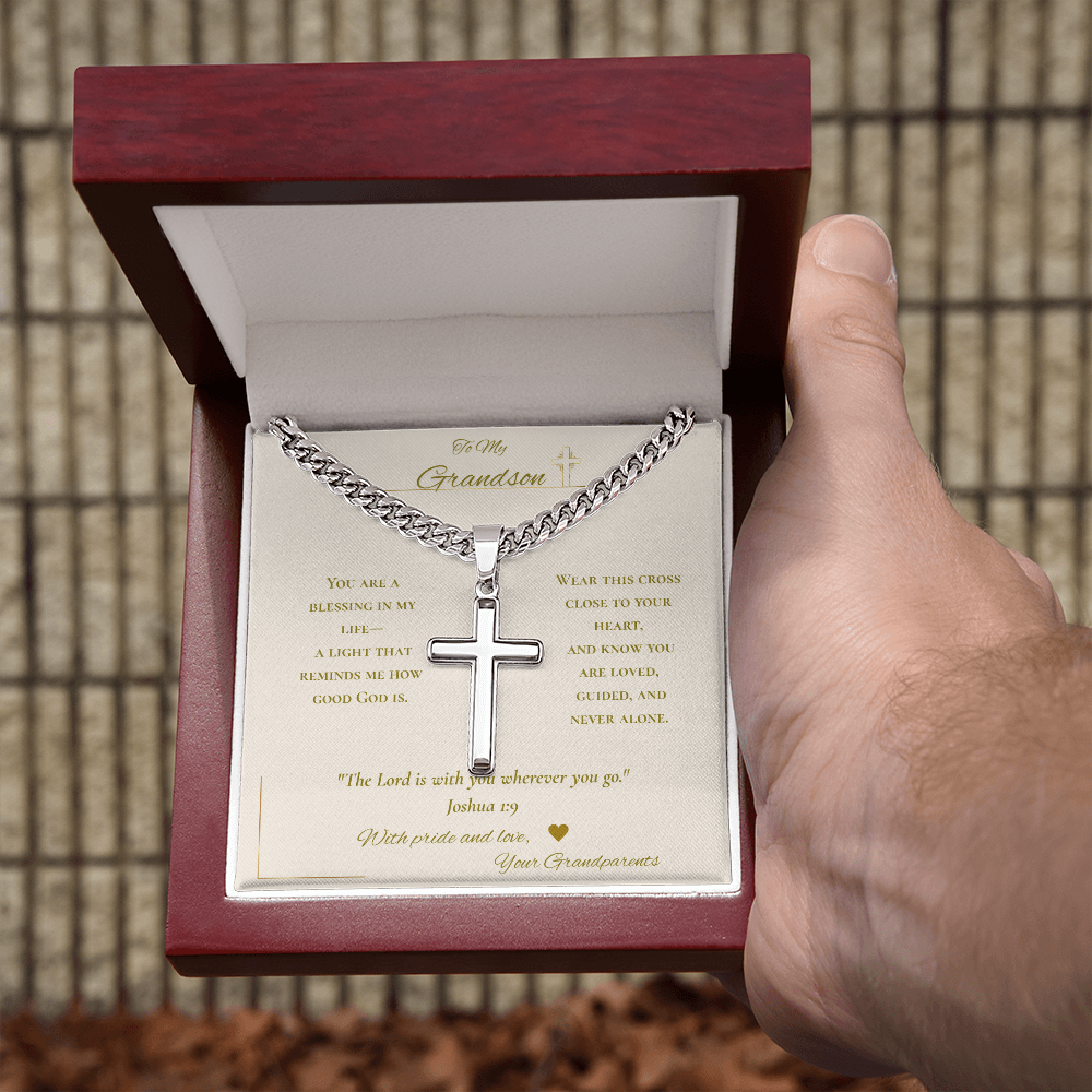 To My Grandson – Stainless Steel Cross Necklace with Faith Message