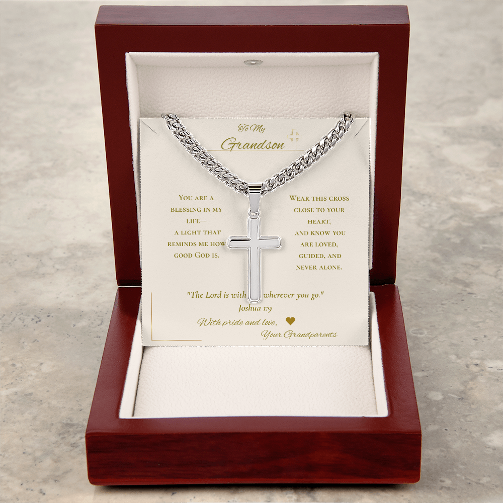 To My Grandson – Stainless Steel Cross Necklace with Faith Message