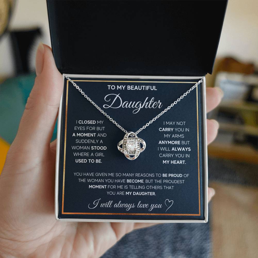 💖 To My Beautiful Daughter – Love Knot Necklace | “I Will Always Carry You in My Heart”