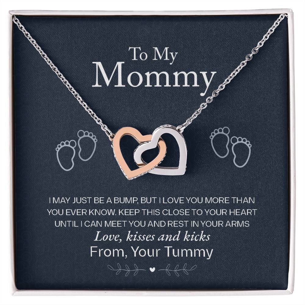 🤍 To My Mommy – Interlocking Hearts Necklace | “Love, Kisses & Kicks from Your Tummy” Baby Bump Gift