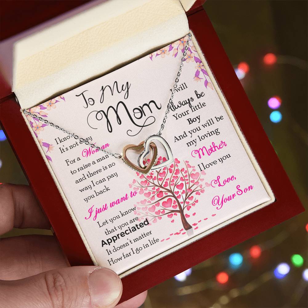 🌸 To My Mom – Interlocking Hearts Necklace | “I Know It’s Not Easy” Message from Your Son
