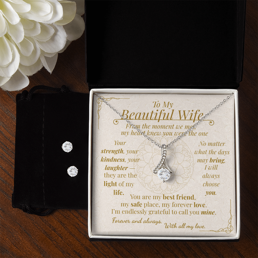 To My Beautiful Wife – Necklace & Earrings Gift Set | Romantic Jewelry in White Gold with Message Card