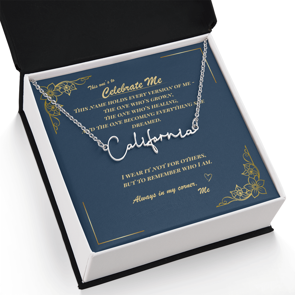 Celebrate Yourself – Personalized Signature Name Necklace with Empowering Message Card