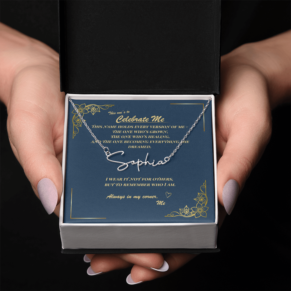 Celebrate Yourself – Personalized Signature Name Necklace with Empowering Message Card