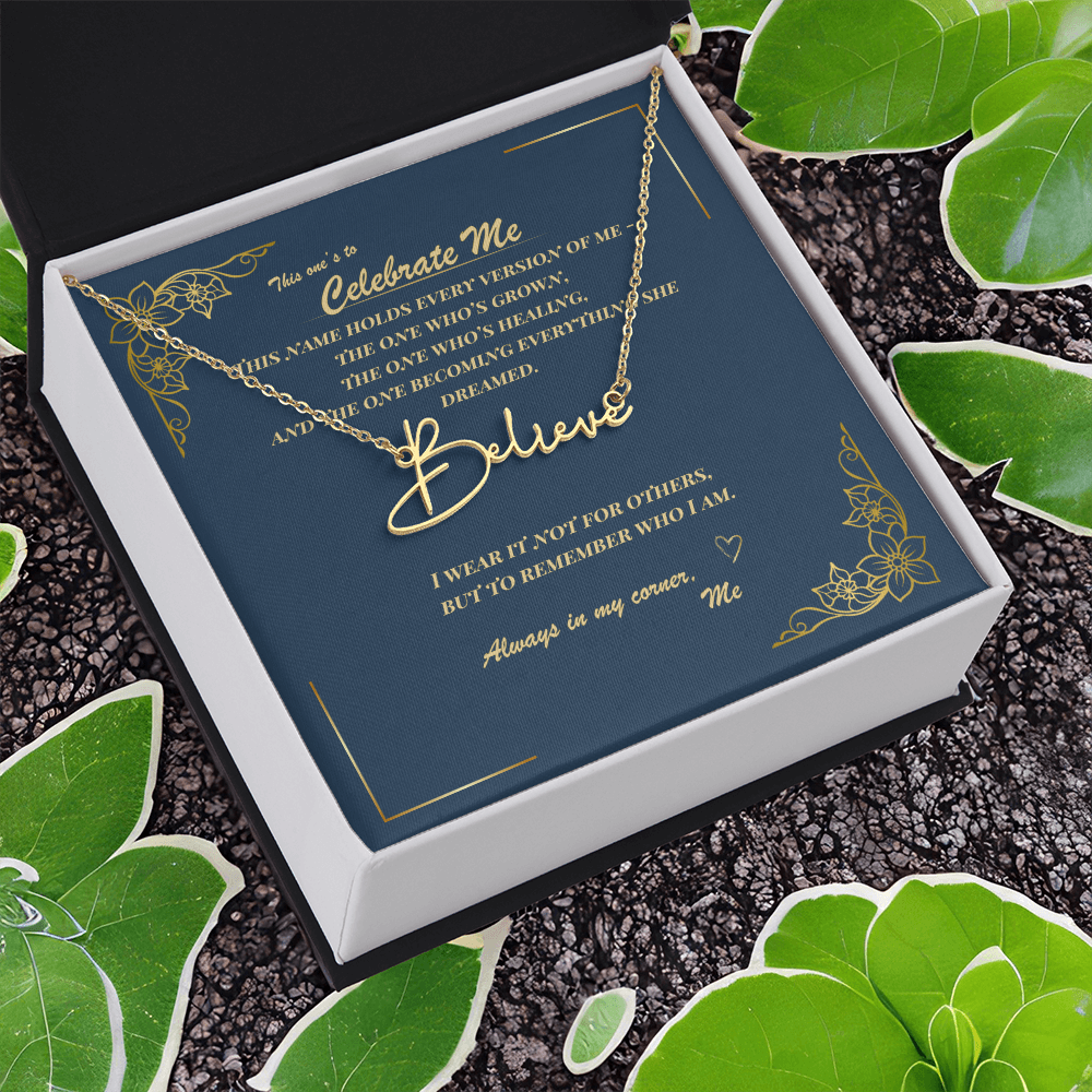 Celebrate Yourself – Personalized Signature Name Necklace with Empowering Message Card