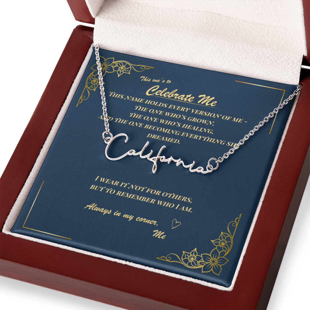 Celebrate Yourself – Personalized Signature Name Necklace with Empowering Message Card