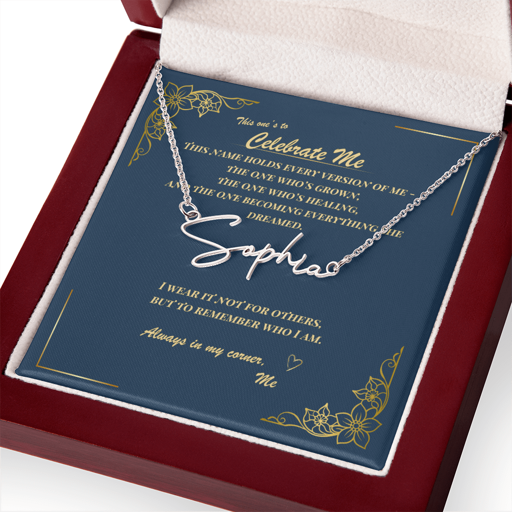 Celebrate Yourself – Personalized Signature Name Necklace with Empowering Message Card