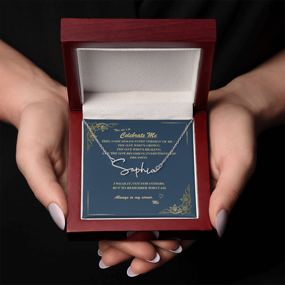 Celebrate Yourself – Personalized Signature Name Necklace with Empowering Message Card
