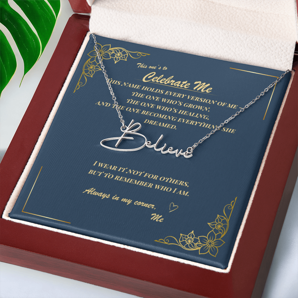Celebrate Yourself – Personalized Signature Name Necklace with Empowering Message Card