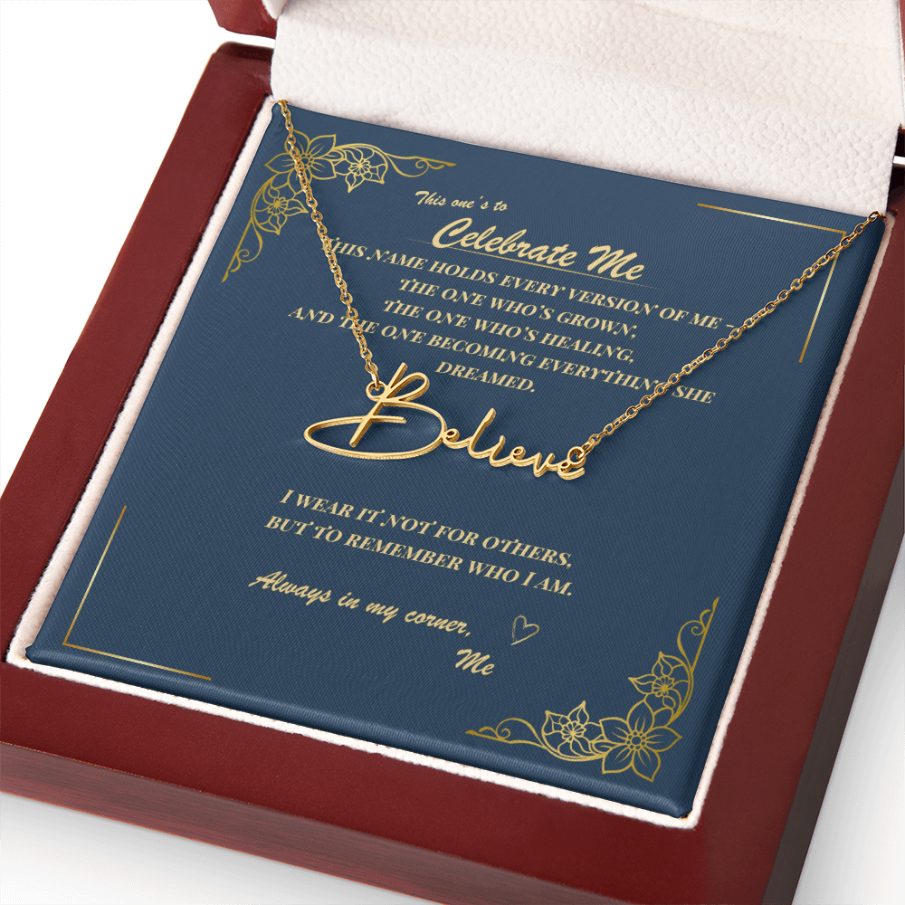 Celebrate Yourself – Personalized Signature Name Necklace with Empowering Message Card