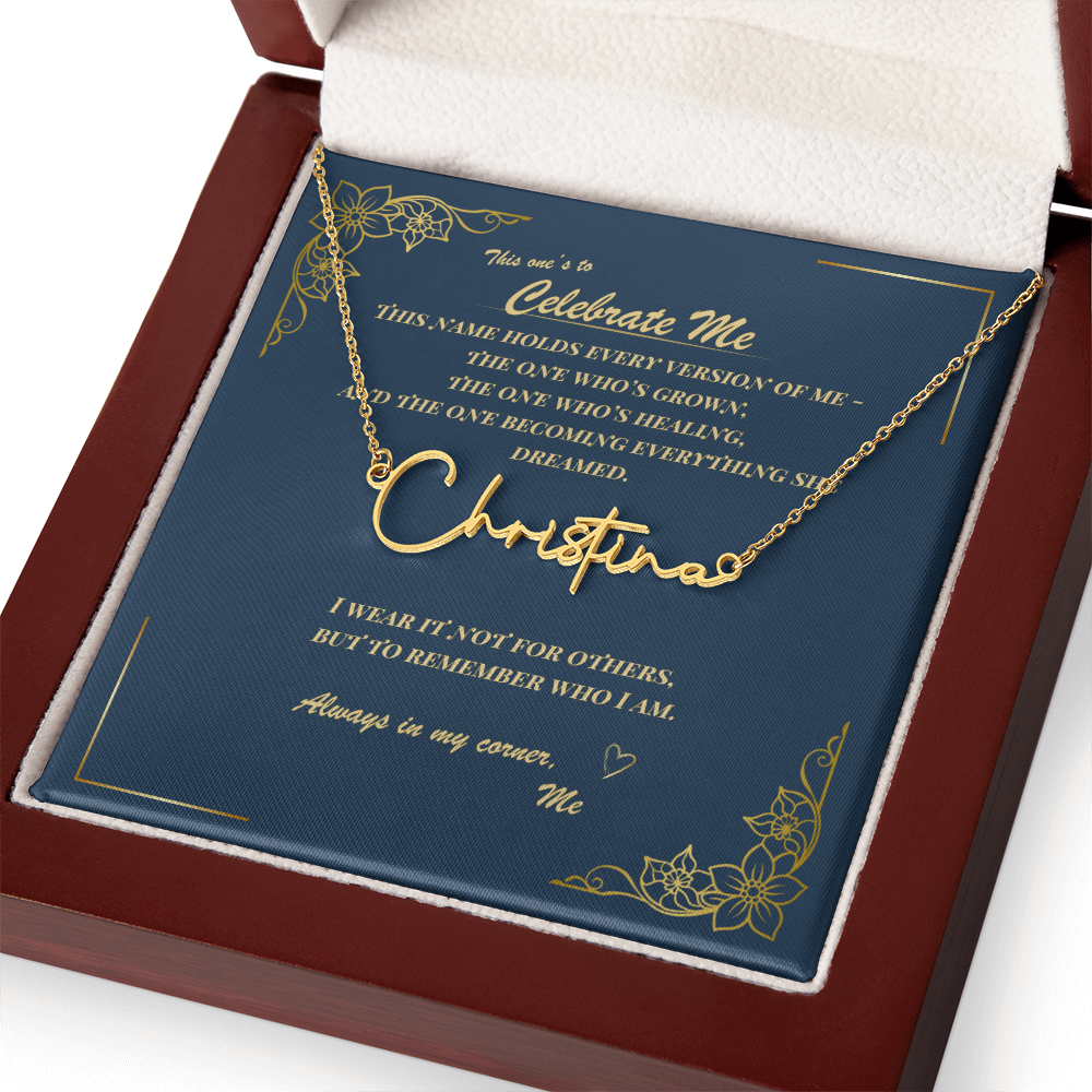 Celebrate Yourself – Personalized Signature Name Necklace with Empowering Message Card