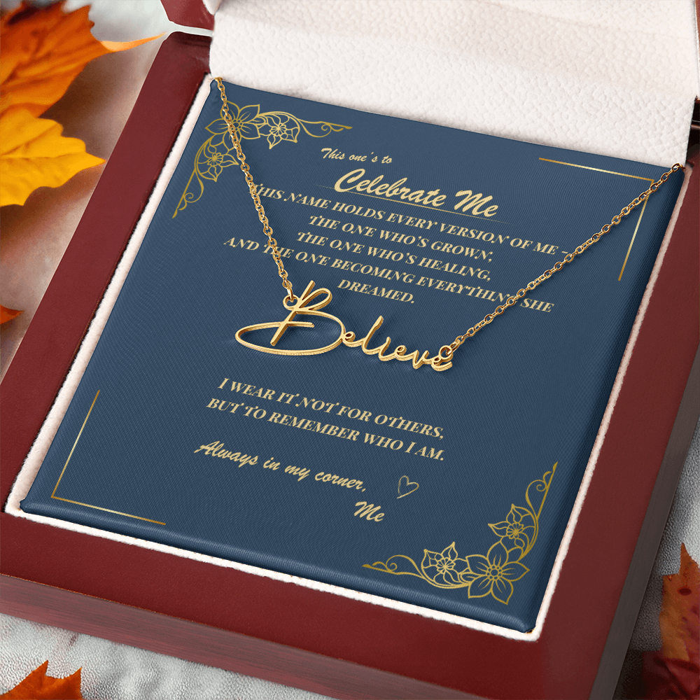Celebrate Yourself – Personalized Signature Name Necklace with Empowering Message Card