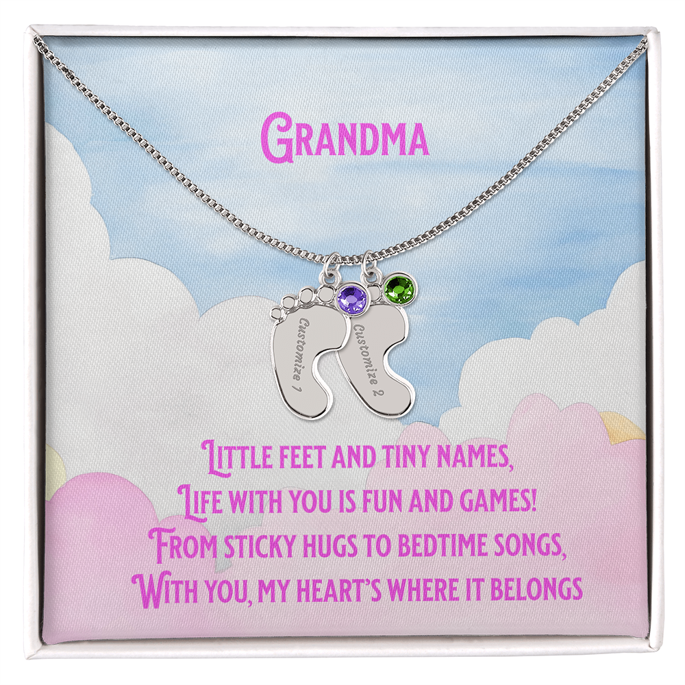 💖 Engraved Grandchildren Name Necklace – Custom Baby Feet Jewelry with Birthstones & Poem | Gift for Grandma