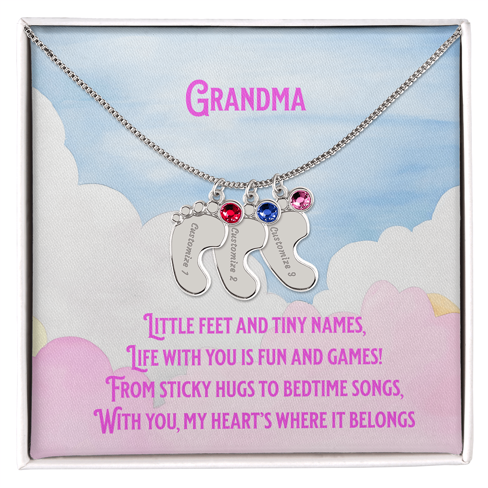 💖 Engraved Grandchildren Name Necklace – Custom Baby Feet Jewelry with Birthstones & Poem | Gift for Grandma