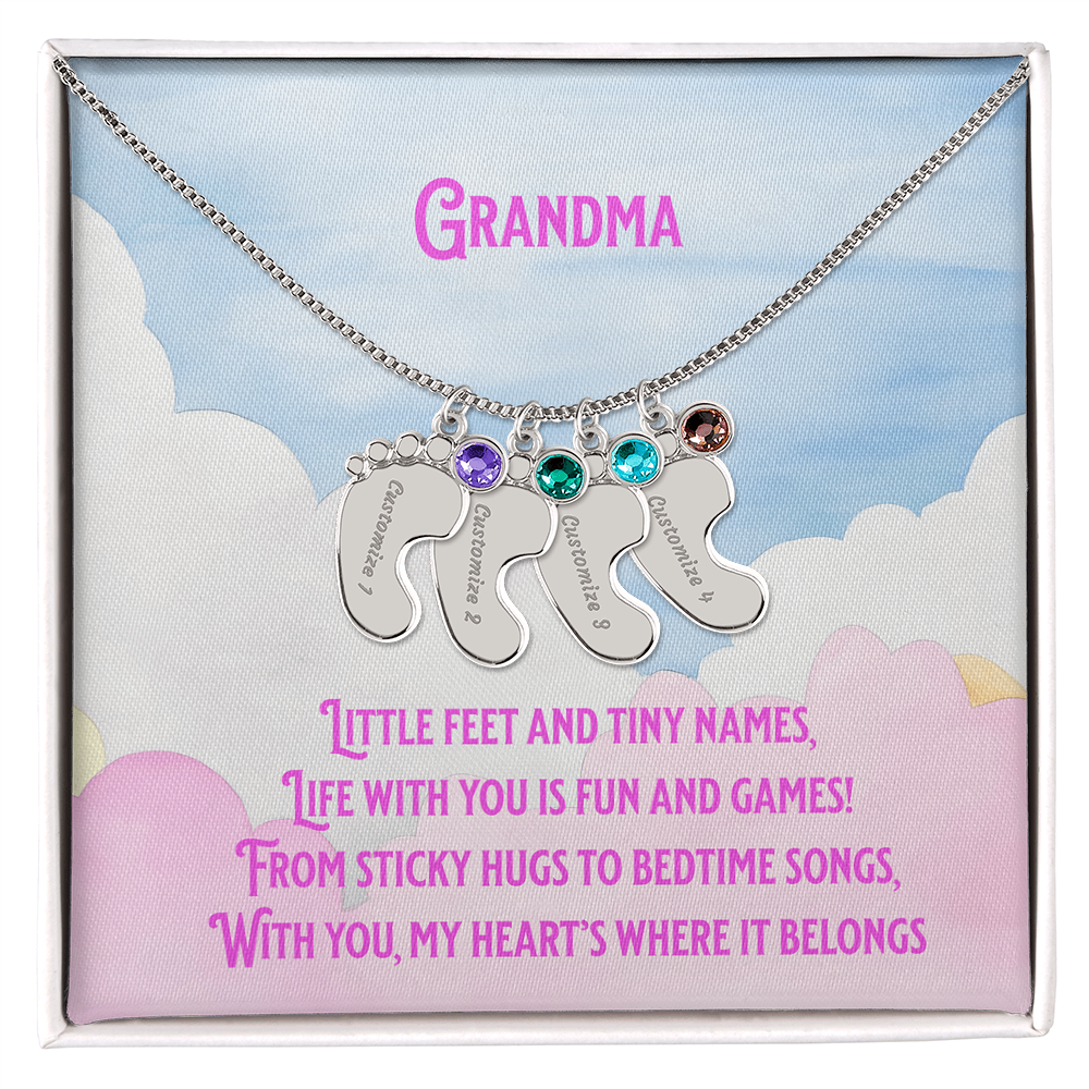 💖 Engraved Grandchildren Name Necklace – Custom Baby Feet Jewelry with Birthstones & Poem | Gift for Grandma