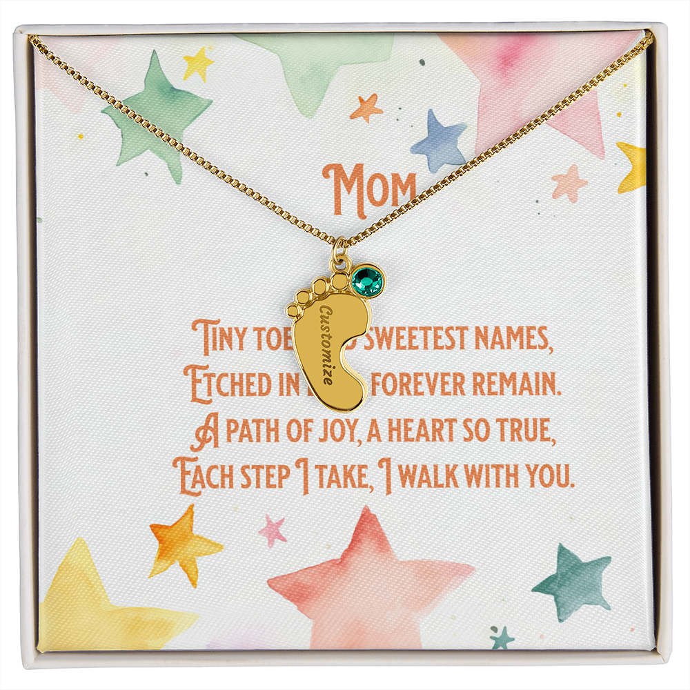 💖 Personalized Baby Feet Necklace – Custom Engraved with Child’s Name & Birthstone | Touching Poem Gift for Mom or Grandma