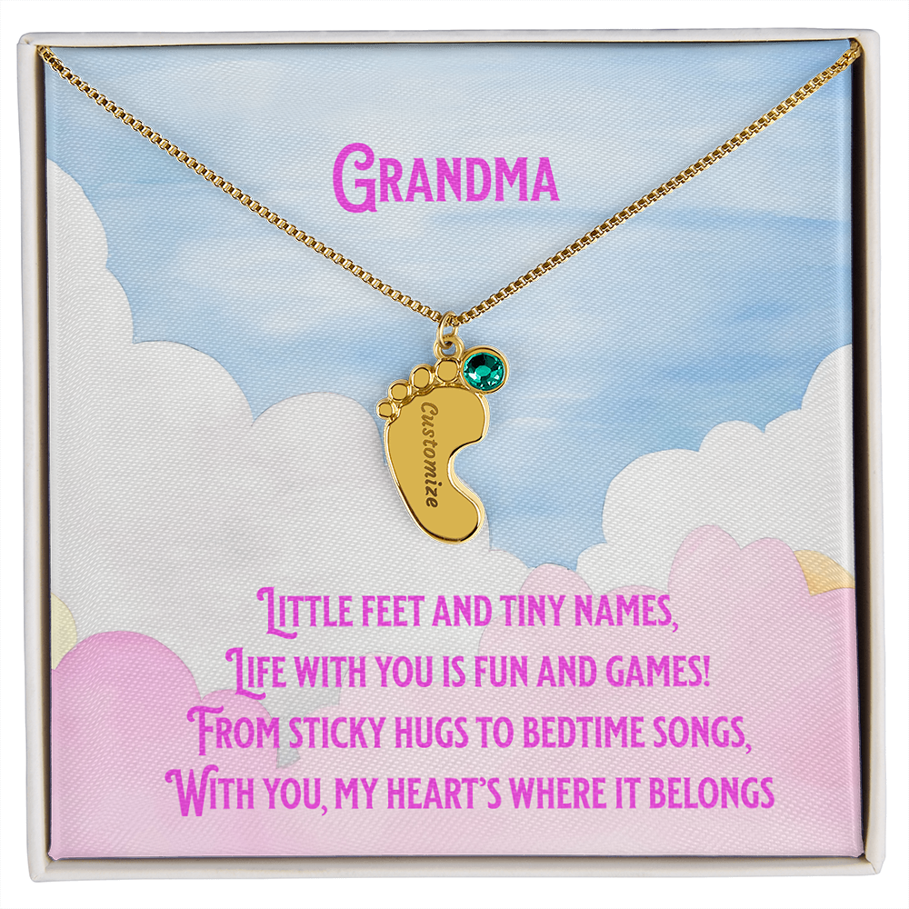 💖 Engraved Grandchildren Name Necklace – Custom Baby Feet Jewelry with Birthstones & Poem | Gift for Grandma