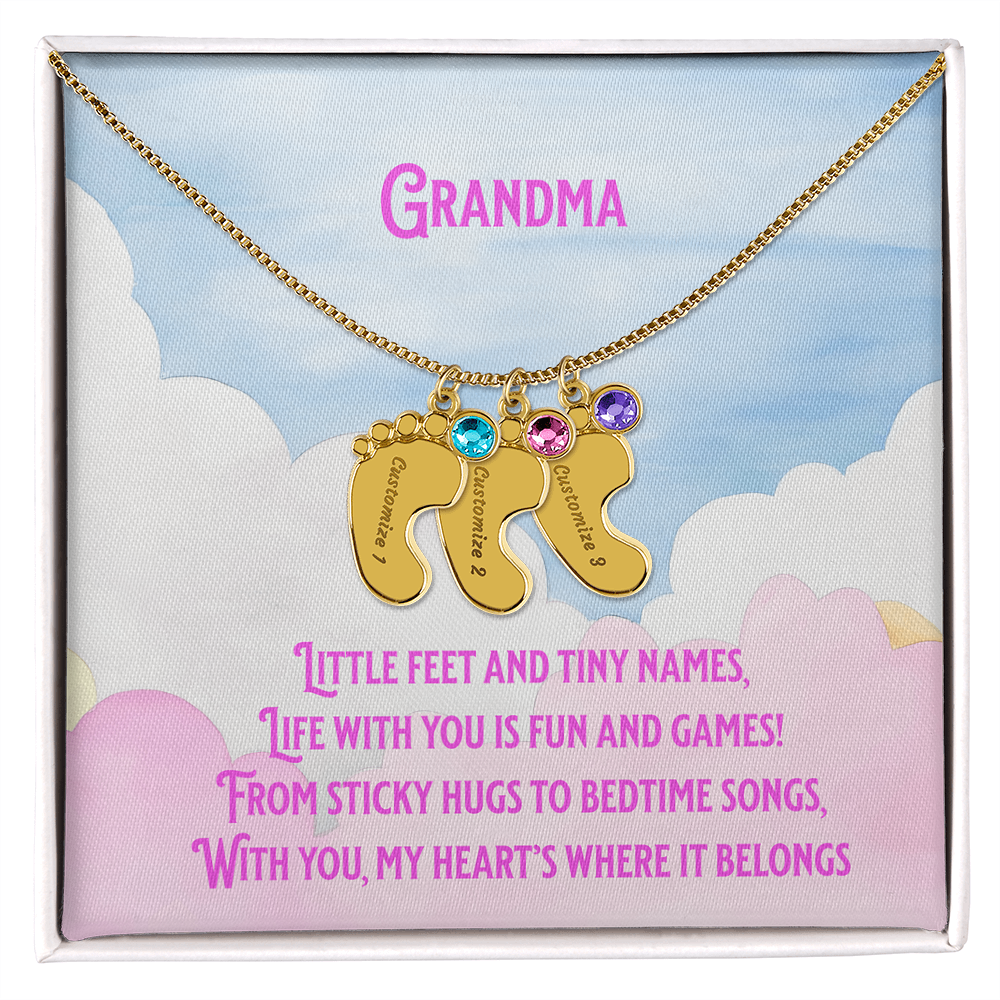 💖 Engraved Grandchildren Name Necklace – Custom Baby Feet Jewelry with Birthstones & Poem | Gift for Grandma