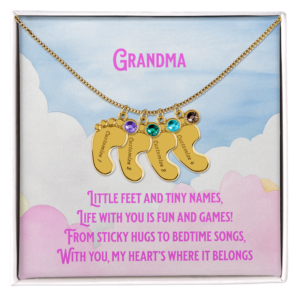 💖 Engraved Grandchildren Name Necklace – Custom Baby Feet Jewelry with Birthstones & Poem | Gift for Grandma