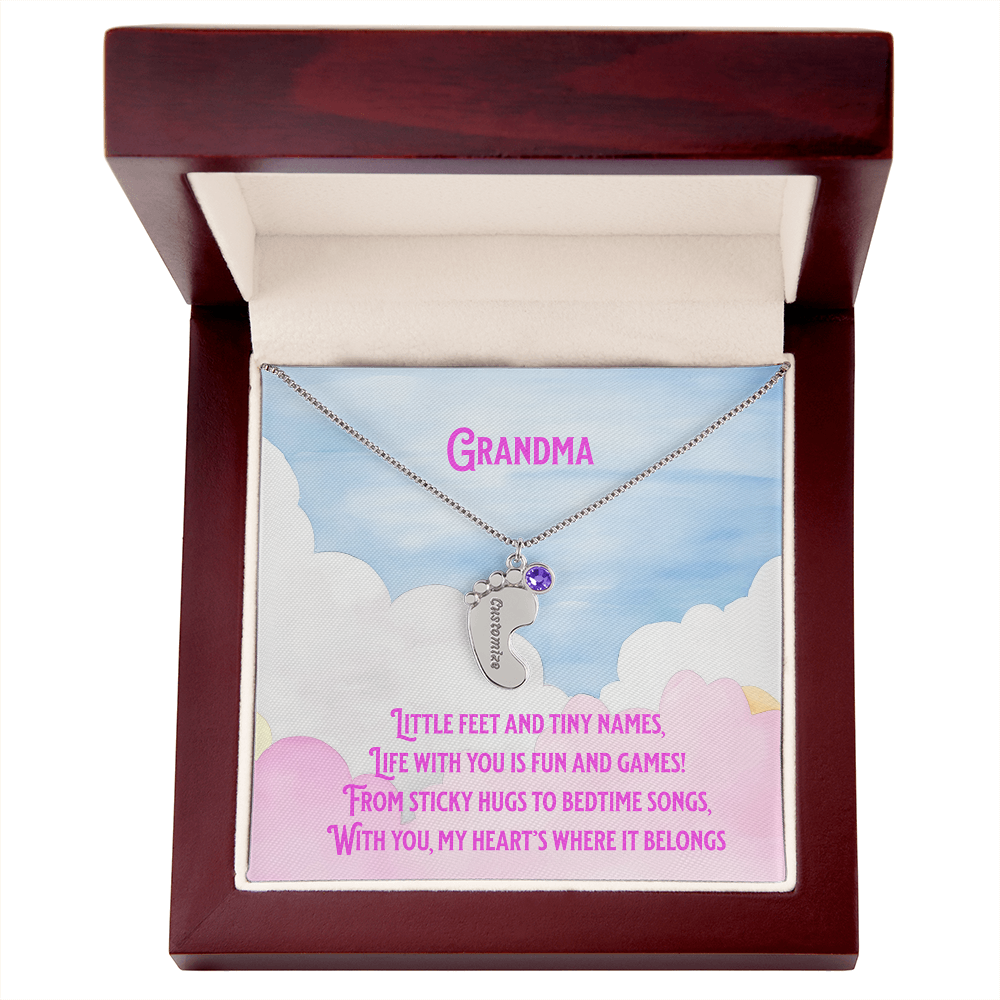 💖 Engraved Grandchildren Name Necklace – Custom Baby Feet Jewelry with Birthstones & Poem | Gift for Grandma