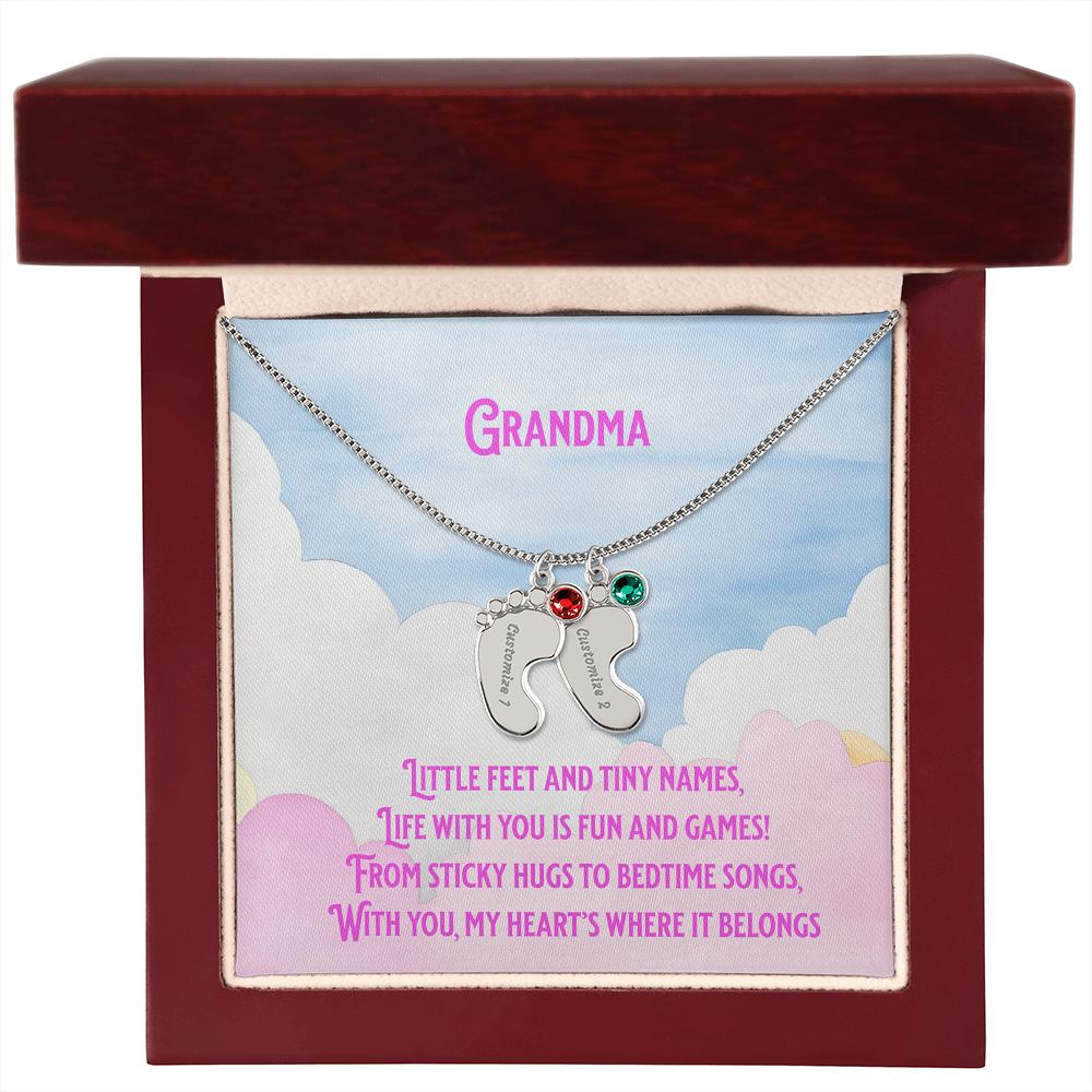 💖 Engraved Grandchildren Name Necklace – Custom Baby Feet Jewelry with Birthstones & Poem | Gift for Grandma